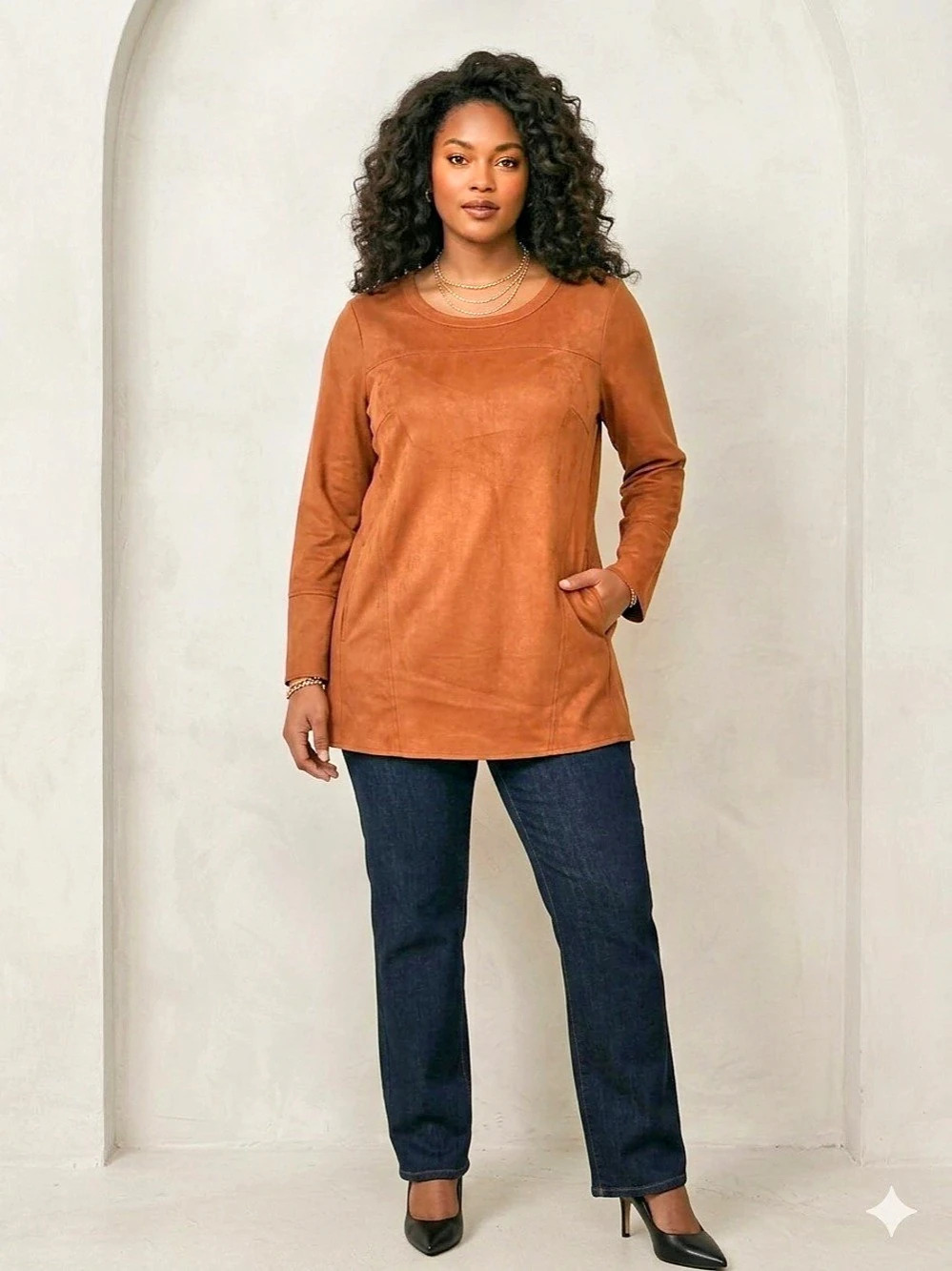Denim & Co Faux Suede Long Sleeve Scoop Neck Tunic Top with Pockets